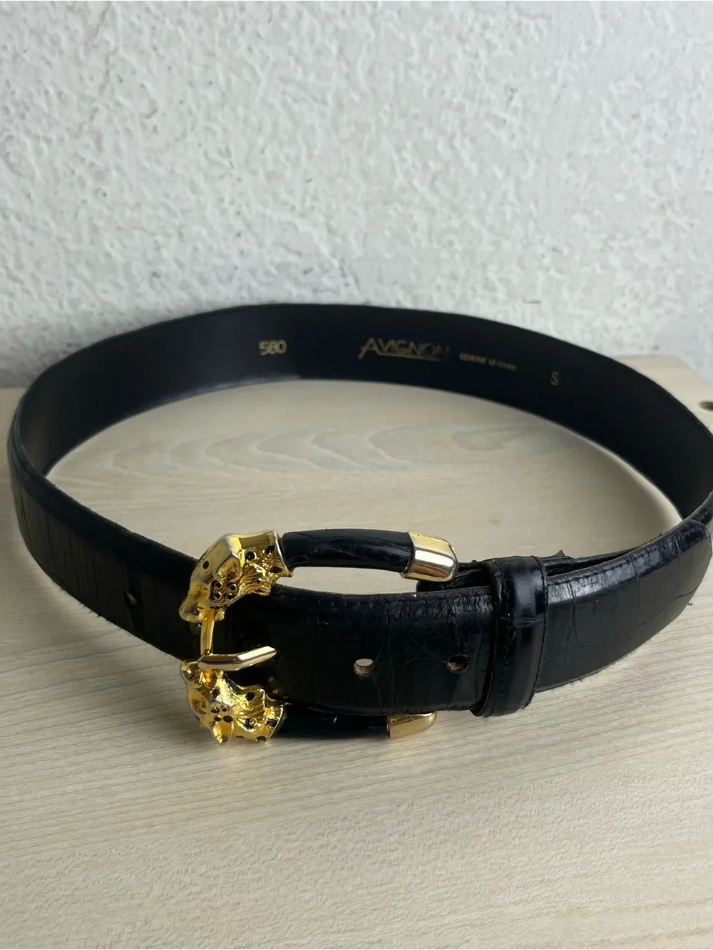 Avignon Gold Leopard Buckle Belt Croc Embossed Leather Size Small 26in